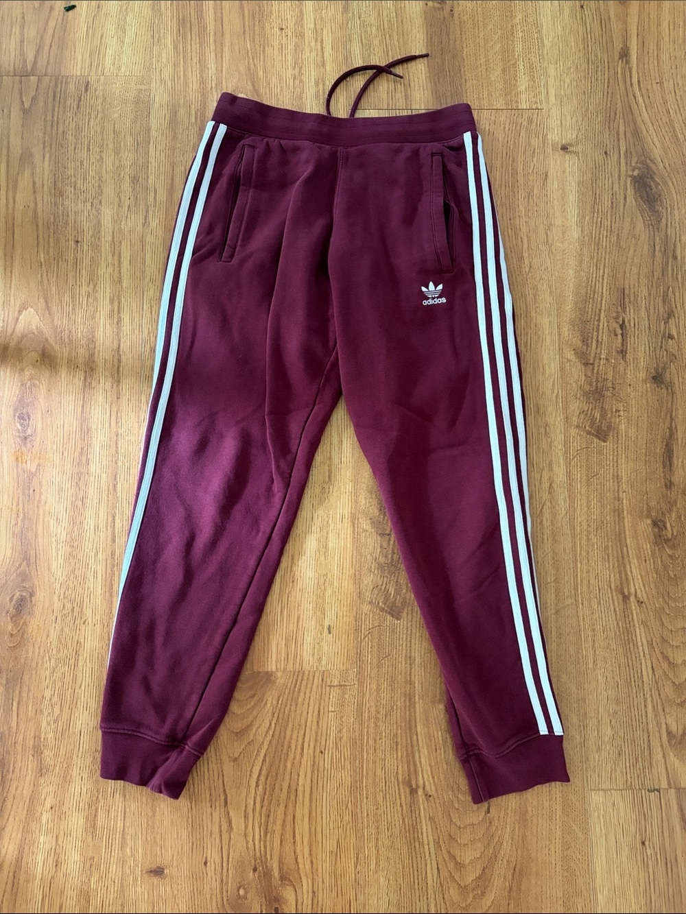 Adidas Mens Burgundy Joggers with White Side Stripes & Pockets Size Med